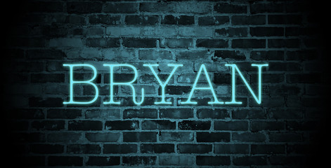 first name bryan in blue neon on brick wall
