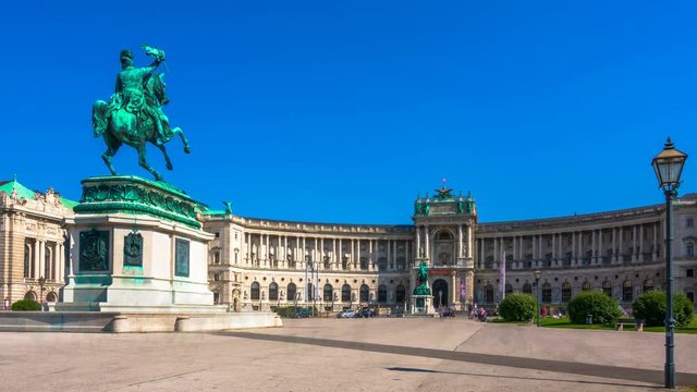 Vienna, Austria, Heldenplatz (Heroes' Square) is a public space in front of the Hofburg Palace with a statue of Prince Eugene of Savoy. Time lapse
