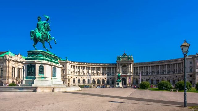 Vienna, Austria, Heldenplatz (Heroes' Square) is a public space in front of the Hofburg Palace with a statue of Prince Eugene of Savoy. Time lapse. Zoom out effect