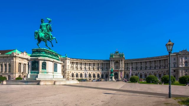 Vienna, Austria, Heldenplatz (Heroes' Square) is a public space in front of the Hofburg Palace with a statue of Prince Eugene of Savoy. Time lapse