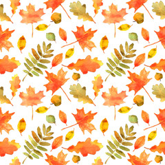 Fototapeta premium Autumn leaves seamless pattern. Hand drawn watercolor painting. Colorful leaves isolated on white. Fall theme for wedding invitation, greeting card, fabric, banner, flyer, gift wrap, etc.