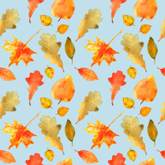 Fototapeta na wymiar Autumn leaves seamless pattern. Hand drawn watercolor painting. Colorful leaves isolated on blue. Fall theme for wedding invitation, greeting card, fabric, banner, flyer, gift wrap, etc.