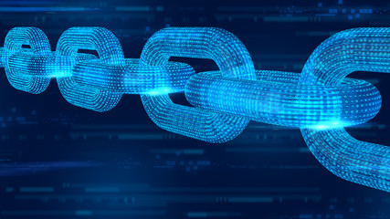 Block chain. Crypto currency. Blockchain concept. 3D wireframe chain with digital code. Editable...