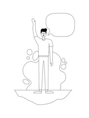 man with hand up and speech bubble
