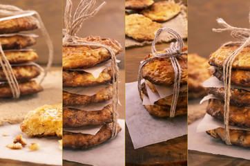 Collage of cookies, stacked and tied with thread.