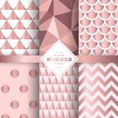 Metallic Rose gold seamless patterns. Geometric pink gold background for Gift wrap and Fabric patterns. Vector Illustration.