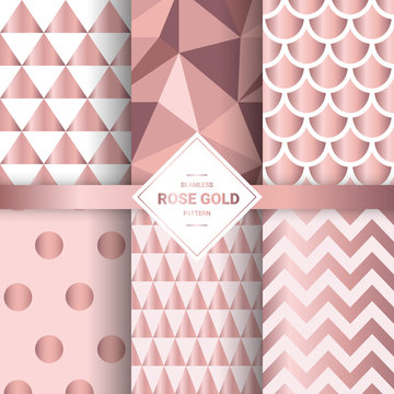 Metallic Rose Gold Seamless Patterns. Geometric Pink Gold Background For Gift Wrap And Fabric Patterns. Vector Illustration.