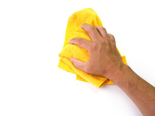  male hand holding  microfiber cleaning cloth.