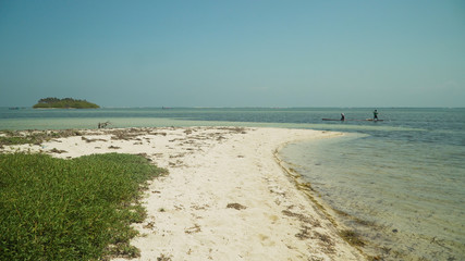 Fototapeta premium Tropical island with white sandy beach in blue lagoon. Tondol white sand beach with turquoise water. Seascape, ocean and beautiful beach. Philippines, Anda, Pangasinan. Travel concept.