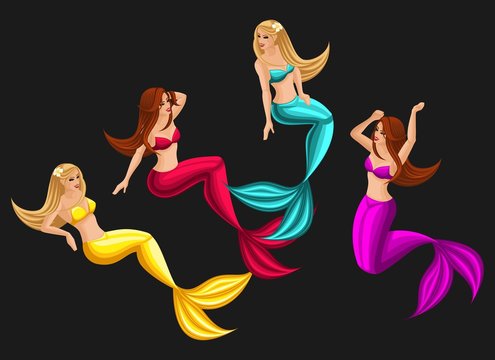 Isometry set of mermaids in different poses for use in graphic games, beautiful girls