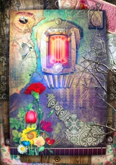 Foto op Plexiglas Oude en ouderwetse achtergrond met spookachtig sprookjesvenster en fantastische bloemen © Rosario Rizzo