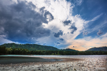 River landscape with stones. Katun River, Altai Mountains