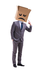 Businessman with box and unhappy face