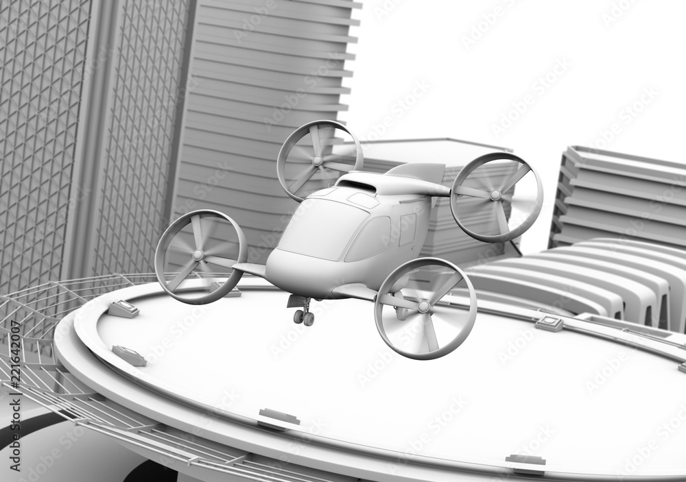 Poster clay rendering of passenger drone taxi takeoff from helipad. 3d rendering image.
