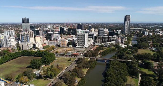 Back From Parramatta Local CBD On Parramatta River Shores – High-rise Towers And Apartment Buildings Between Office Buildings.
