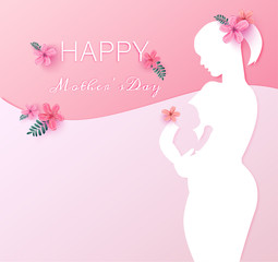 Double exposure illustration. Side view of Happy mother holding adorable child baby. Happy mother's day. paper cut style