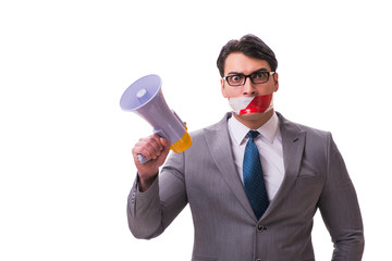 Funny businessman with loudspeaker isolated on white