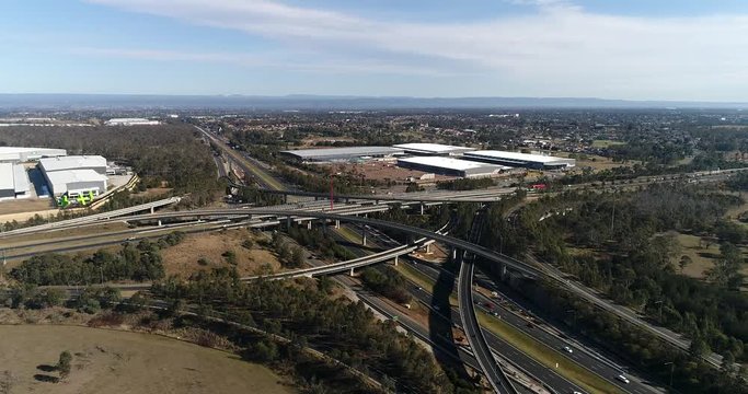 Complex multi-level intersection of M4 and M7 motorways in Western Sydney of NSW, Australia. Toll roads connecting around Sydney with huge daily traffic of all sorts.
