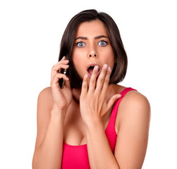 Fototapeta premium Photo of girl hearing on the phone shocking news