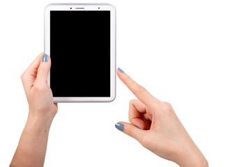 Woman hand using mock up digital tablet isolated clipping patch