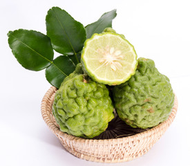Fototapeta premium The kaffir lime leaves in the basket on a white background.