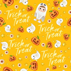 Baby Girl in Halloween Costume : Seamless Pattern : Vector Illustration