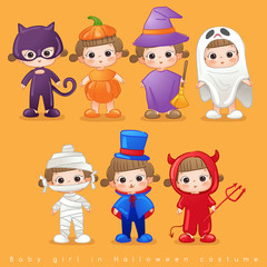 Baby Girl in Halloween Costumes : Vector Illustration