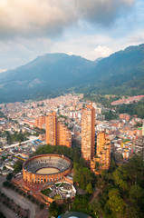 panoramic view of the city of Bogotá with the bullring and housing buildings. Colombia