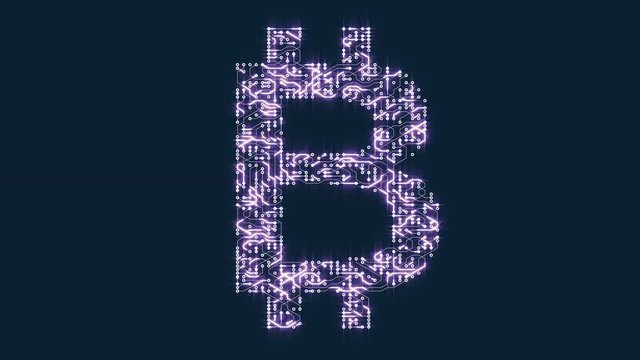 4k a futuristic circuit board with moving electrons shaped bitcoin currency sign,block chain,abstract electronic connections,Cripto currency bitcoin.Global internet finance,worldwide.