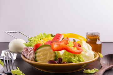 close up,.Salad healthy food on black stone background. .isolated.