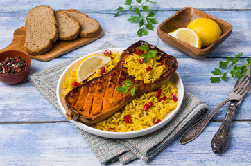 Baked Butternut squash with spicy rice