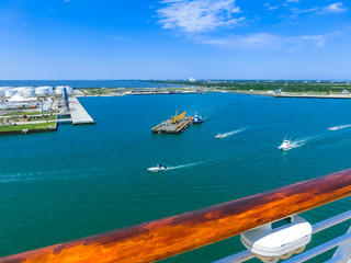 Cape Canaveral, USA. The arial view of port Canaveral from cruise ship, docked in Port Canaveral,...