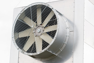 Closeup of ventilation fan, part of big agricultural grain dryer