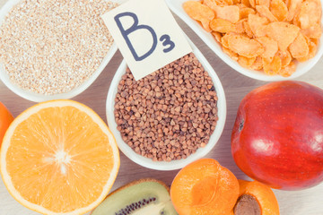 Nutritious products containing vitamin B3 and other natural minerals, healthy nutrition concept