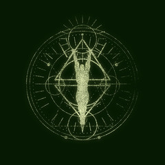 Mystery, witchcraft, occult and alchemy tattoo sign. Mystical vintage gothic geometry thin lines symbol with silhouette of a muscular man