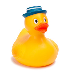 Yellow rubber duck isolated on white background.

