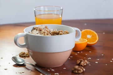 breakfast of nuts,oats and orange juice