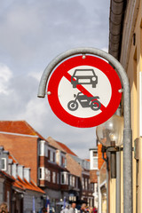 Traffic sign No Cars and Motorcycles in Ringkobing, Denmark
