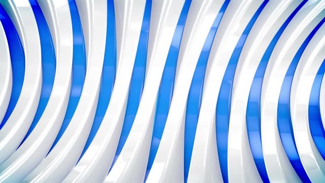 A modern art 3d rendering of concave half round and tube looking plates moving aside and shot as a horizontal pan. Their blue and white colors form the spirit of futurism and optimism.