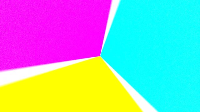 Teal yellow & purple shapes spinning in a rotating wheel color triad with rays of white in a igh definition background motion video clip