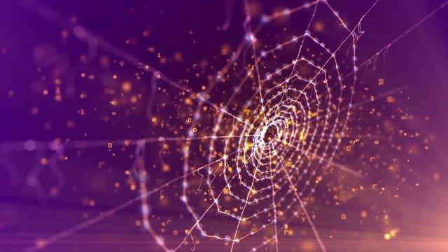 A mysterious 3d rendering of a spider net placed askew in the dark violet background. It looks magic and scary like an entrance to some ancient fairy tale kingdom moving in flying sparkling spots.