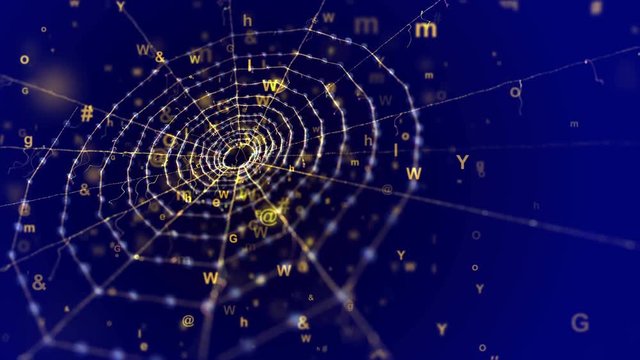 A wonderful 3d rendering of a spider net placed askew in the dark blue background. It looks old and at the same time futuristic because of flying computer symbols and some golden figures