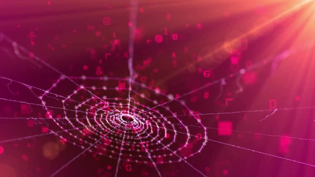 An unusual 3d rendering of a spider web placed aslant in the dark purple background. It looks ancient and at the same time futuristic because of flying computer signs and some white figures.