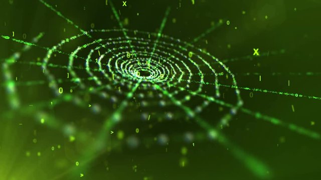 A mysterious 3d rendering of a green old spider net put aslant in the black background. It moves slowly among flying cyberspace digits such as one, zero and Latin ten.