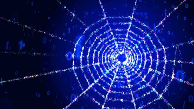 A holographic 3d rendering of a celester spider net looking portal with a plasma center in the blue background. It rotates slowly among flying cyberspace numbers forming sparkling rays.
