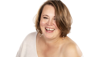 Cute fat woman laughing, gap between teeth, isolated on white background