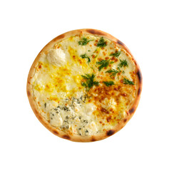 Tasty, homemade, flavorful pizza isolated on white background, top view. Pizza from different kinds of cheese