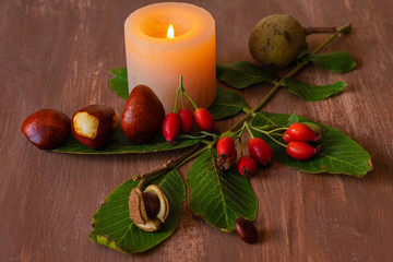Herbstdekoration mit Kerze, Kastanien, Walnüssen und Hagebutten