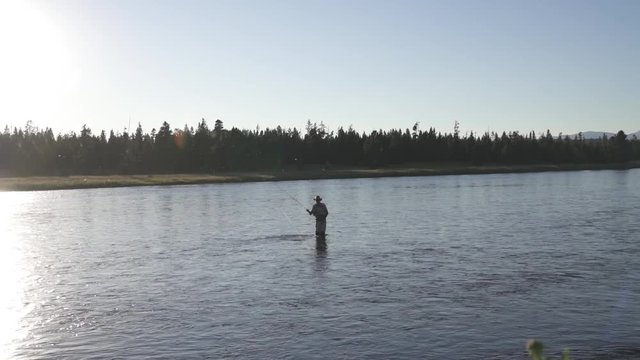 Slow motion of fly-fisherman fishing in Henrys Fork river