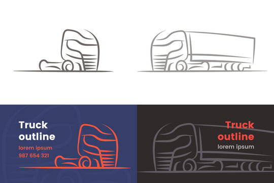 European Truck outlined isolated silhouette. Vector. Text outlined.
